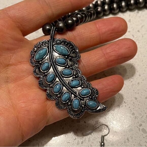 3 Pcs Fake Blue Turquoise Stone feather Pendant Necklace Earring Jewelry Set - Picture 5 of 8